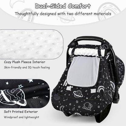 Car Seat Cover Baby Boy, Infant Car Seat Canopy Covers for Newborn with 2 Layers Windows of Breathable Mesh Fabric, Lightweight Polyester/Soft Minky Dot Backing
