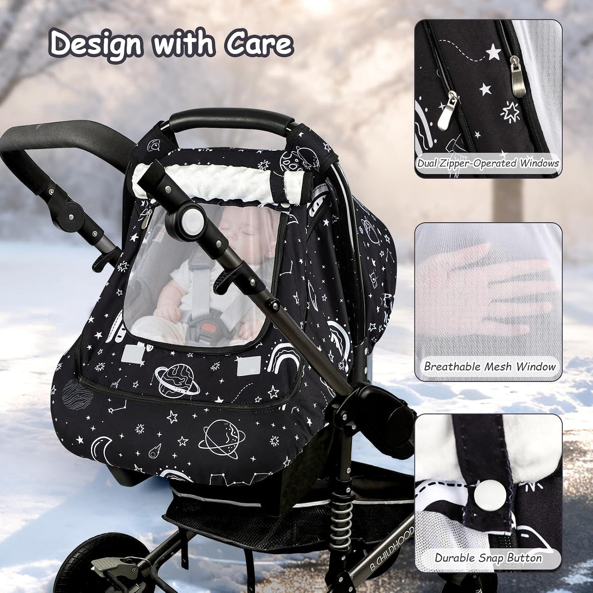 Car Seat Cover Baby Boy, Infant Car Seat Canopy Covers for Newborn with 2 Layers Windows of Breathable Mesh Fabric, Lightweight Polyester/Soft Minky Dot Backing