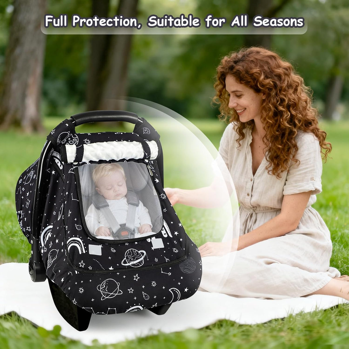 Car Seat Cover Baby Boy, Infant Car Seat Canopy Covers for Newborn with 2 Layers Windows of Breathable Mesh Fabric, Lightweight Polyester/Soft Minky Dot Backing