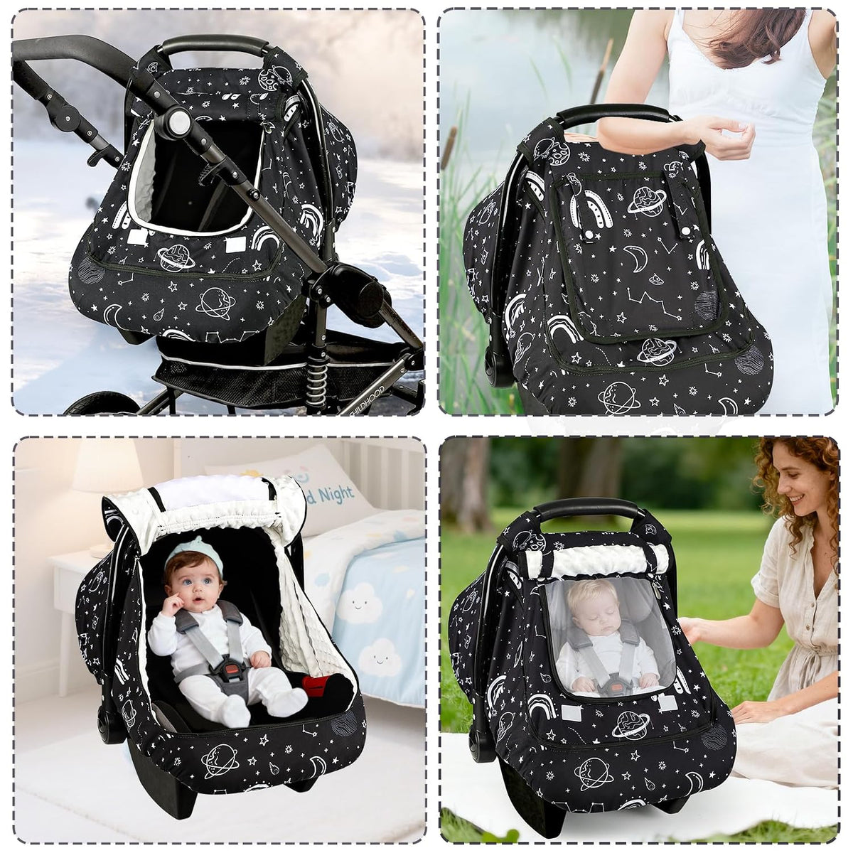 Car Seat Cover Baby Boy, Infant Car Seat Canopy Covers for Newborn with 2 Layers Windows of Breathable Mesh Fabric, Lightweight Polyester/Soft Minky Dot Backing