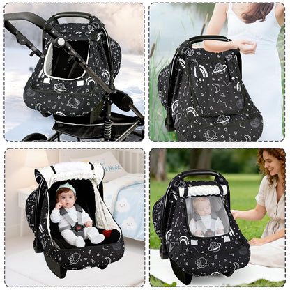 Car Seat Cover Baby Boy, Infant Car Seat Canopy Covers for Newborn with 2 Layers Windows of Breathable Mesh Fabric, Lightweight Polyester/Soft Minky Dot Backing