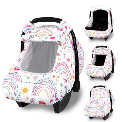Car Seat Cover Baby Boy, Infant Car Seat Canopy Covers for Newborn with 2 Layers Windows of Breathable Mesh Fabric, Lightweight Polyester/Soft Minky Dot Backing