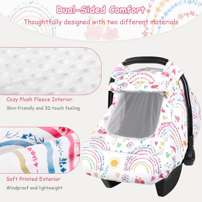 Car Seat Cover Baby Boy, Infant Car Seat Canopy Covers for Newborn with 2 Layers Windows of Breathable Mesh Fabric, Lightweight Polyester/Soft Minky Dot Backing