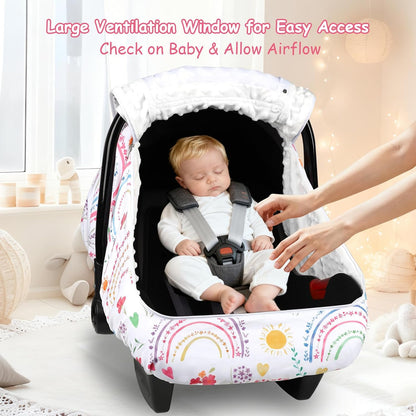 Car Seat Cover Baby Boy, Infant Car Seat Canopy Covers for Newborn with 2 Layers Windows of Breathable Mesh Fabric, Lightweight Polyester/Soft Minky Dot Backing