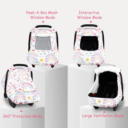 Car Seat Cover Baby Boy, Infant Car Seat Canopy Covers for Newborn with 2 Layers Windows of Breathable Mesh Fabric, Lightweight Polyester/Soft Minky Dot Backing