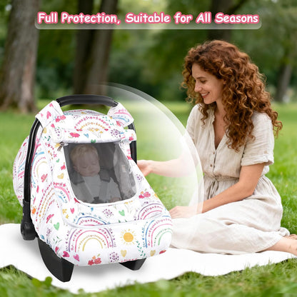 Car Seat Cover Baby Boy, Infant Car Seat Canopy Covers for Newborn with 2 Layers Windows of Breathable Mesh Fabric, Lightweight Polyester/Soft Minky Dot Backing