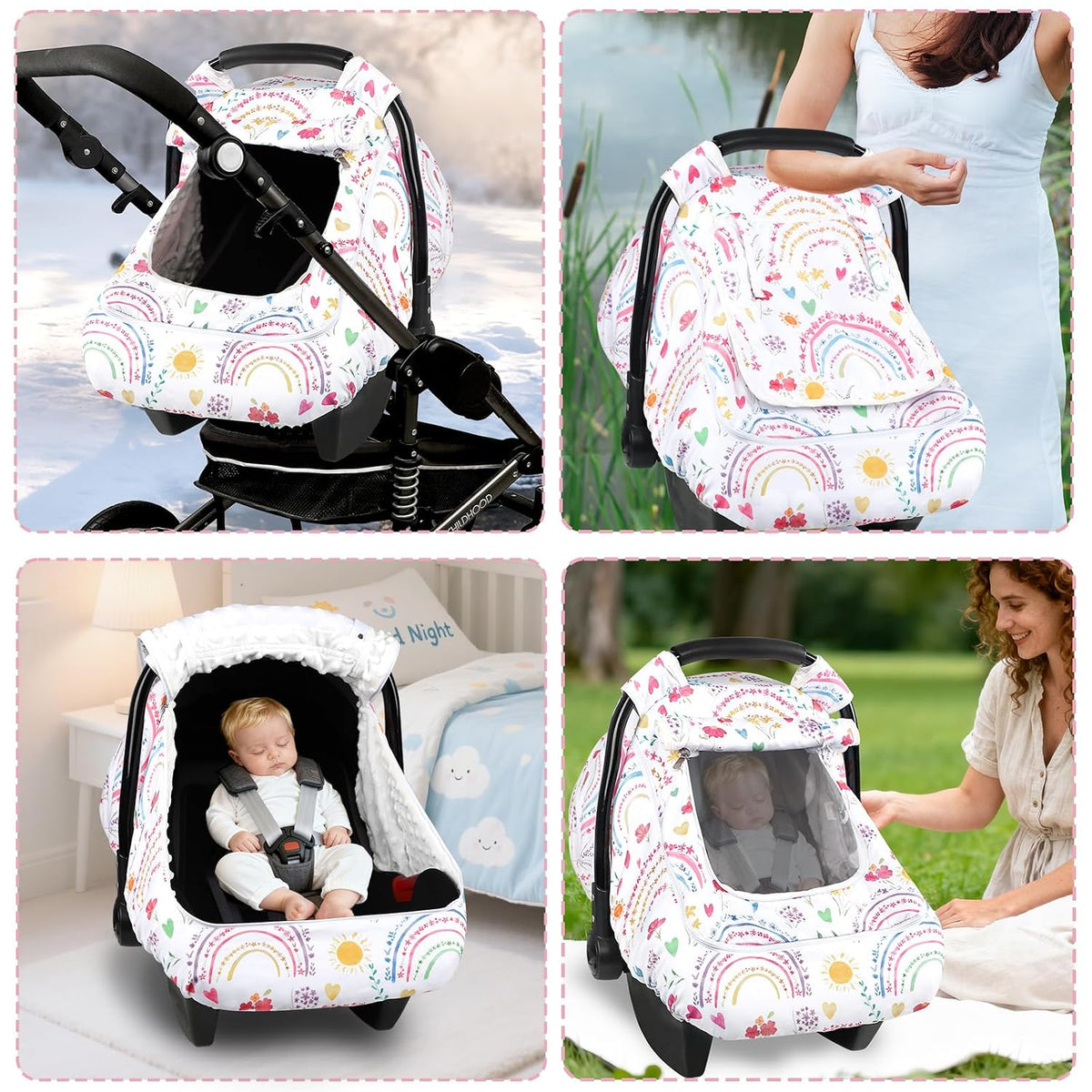Car Seat Cover Baby Boy, Infant Car Seat Canopy Covers for Newborn with 2 Layers Windows of Breathable Mesh Fabric, Lightweight Polyester/Soft Minky Dot Backing