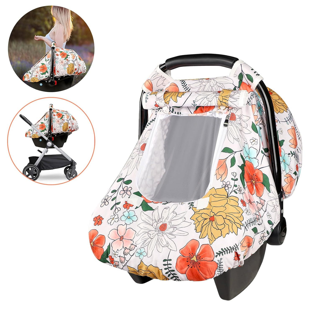 Car Seat Cover Baby Boy, Infant Car Seat Canopy Covers for Newborn with 2 Layers Windows of Breathable Mesh Fabric, Lightweight Polyester/Soft Minky Dot Backing