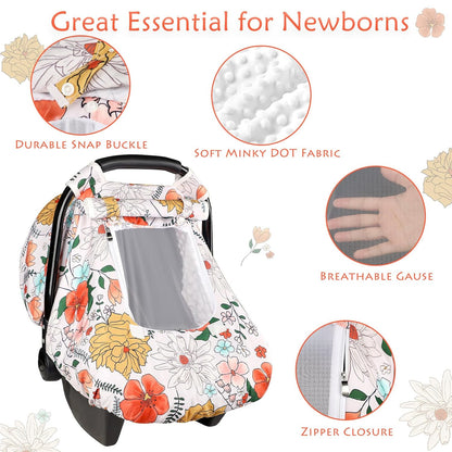 Car Seat Cover Baby Boy, Infant Car Seat Canopy Covers for Newborn with 2 Layers Windows of Breathable Mesh Fabric, Lightweight Polyester/Soft Minky Dot Backing