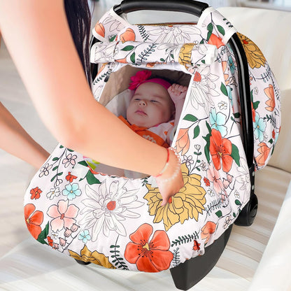 Car Seat Cover Baby Boy, Infant Car Seat Canopy Covers for Newborn with 2 Layers Windows of Breathable Mesh Fabric, Lightweight Polyester/Soft Minky Dot Backing