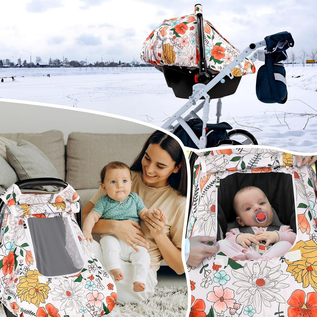 Car Seat Cover Baby Boy, Infant Car Seat Canopy Covers for Newborn with 2 Layers Windows of Breathable Mesh Fabric, Lightweight Polyester/Soft Minky Dot Backing