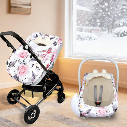 Car Seat Cover Baby Boy, Infant Car Seat Canopy Covers for Newborn with 2 Layers Windows of Breathable Mesh Fabric, Lightweight Polyester/Soft Minky Dot Backing