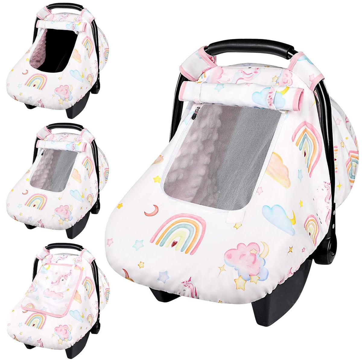 Car Seat Cover Baby Boy, Infant Car Seat Canopy Covers for Newborn with 2 Layers Windows of Breathable Mesh Fabric, Lightweight Polyester/Soft Minky Dot Backing