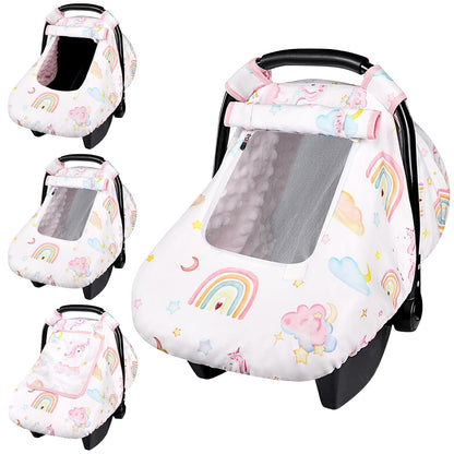 Car Seat Cover Baby Boy, Infant Car Seat Canopy Covers for Newborn with 2 Layers Windows of Breathable Mesh Fabric, Lightweight Polyester/Soft Minky Dot Backing