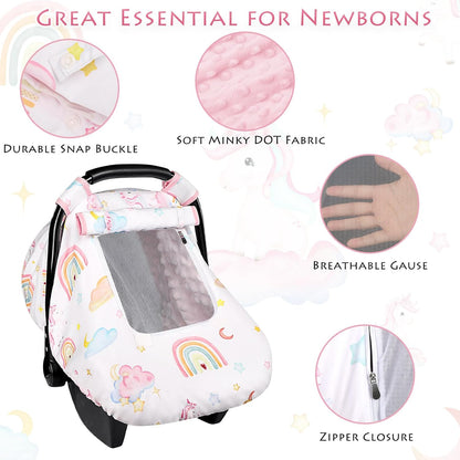 Car Seat Cover Baby Boy, Infant Car Seat Canopy Covers for Newborn with 2 Layers Windows of Breathable Mesh Fabric, Lightweight Polyester/Soft Minky Dot Backing