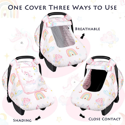 Car Seat Cover Baby Boy, Infant Car Seat Canopy Covers for Newborn with 2 Layers Windows of Breathable Mesh Fabric, Lightweight Polyester/Soft Minky Dot Backing