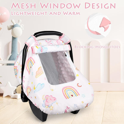 Car Seat Cover Baby Boy, Infant Car Seat Canopy Covers for Newborn with 2 Layers Windows of Breathable Mesh Fabric, Lightweight Polyester/Soft Minky Dot Backing