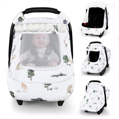 Car Seat Cover Baby Boy, Infant Car Seat Canopy Covers for Newborn with 2 Layers Windows of Breathable Mesh Fabric, Lightweight Polyester/Soft Minky Dot Backing