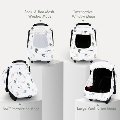 Car Seat Cover Baby Boy, Infant Car Seat Canopy Covers for Newborn with 2 Layers Windows of Breathable Mesh Fabric, Lightweight Polyester/Soft Minky Dot Backing