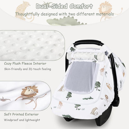Car Seat Cover Baby Boy, Infant Car Seat Canopy Covers for Newborn with 2 Layers Windows of Breathable Mesh Fabric, Lightweight Polyester/Soft Minky Dot Backing