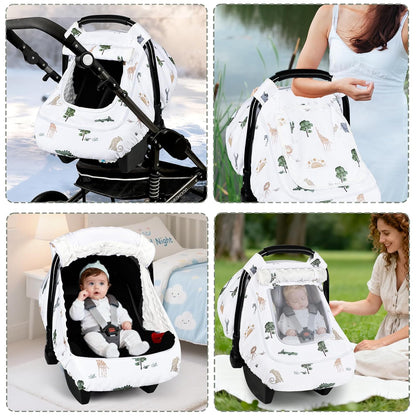 Car Seat Cover Baby Boy, Infant Car Seat Canopy Covers for Newborn with 2 Layers Windows of Breathable Mesh Fabric, Lightweight Polyester/Soft Minky Dot Backing