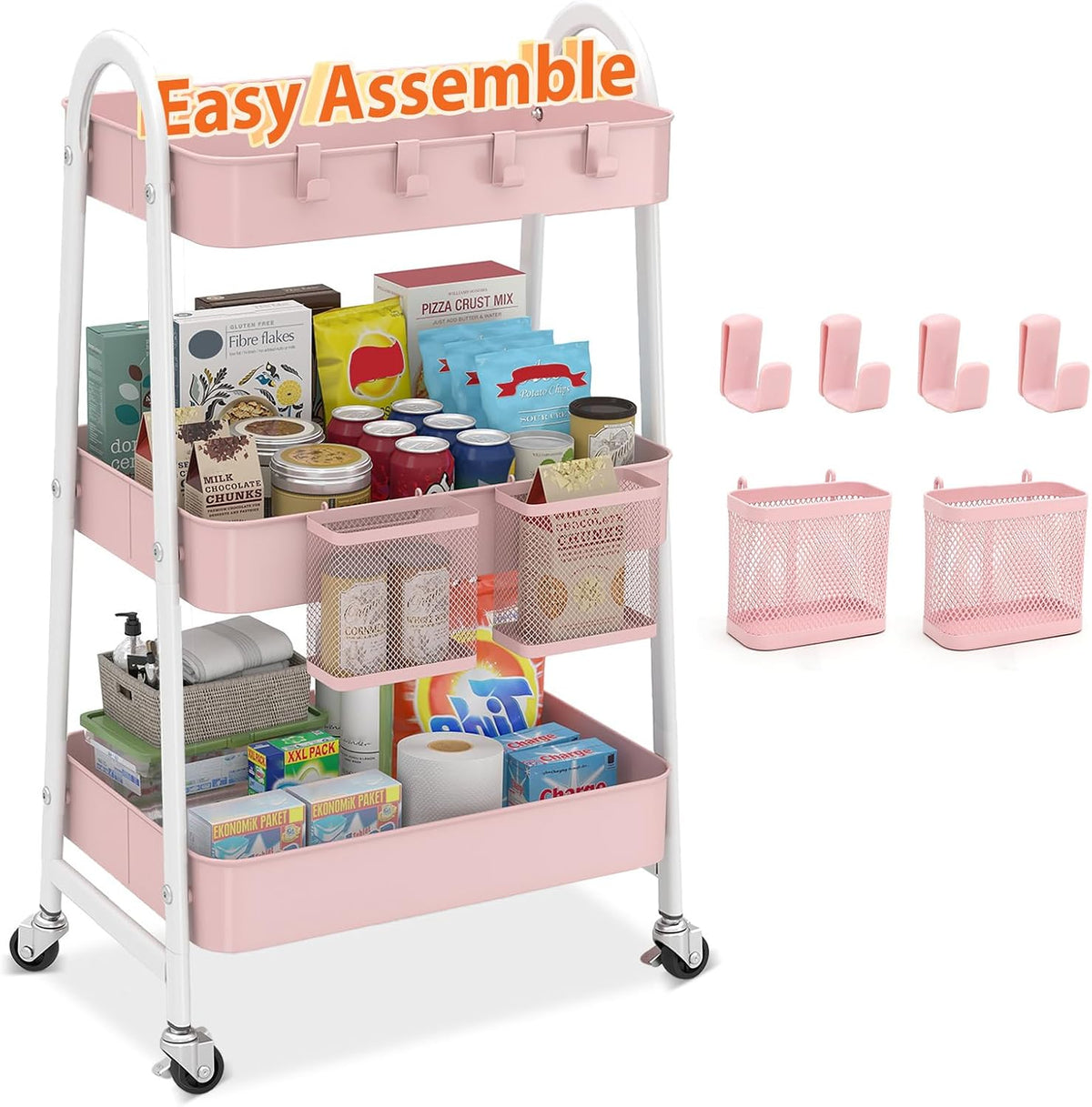 3 Tier Rolling Cart, Hanging Cups, Hooks, Heavy Duty Mesh Rolling Storage Cart Organizer with 2 Lockable Wheels for Bathroom, Kitchen, Office, Craft, Makeup, Baby Essentials, White