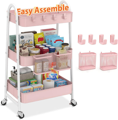 3 Tier Rolling Cart, Hanging Cups, Hooks, Heavy Duty Mesh Rolling Storage Cart Organizer with 2 Lockable Wheels for Bathroom, Kitchen, Office, Craft, Makeup, Baby Essentials, White
