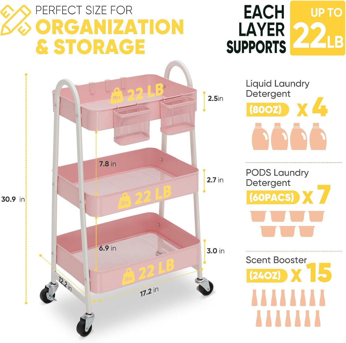 3 Tier Rolling Cart, Hanging Cups, Hooks, Heavy Duty Mesh Rolling Storage Cart Organizer with 2 Lockable Wheels for Bathroom, Kitchen, Office, Craft, Makeup, Baby Essentials, White