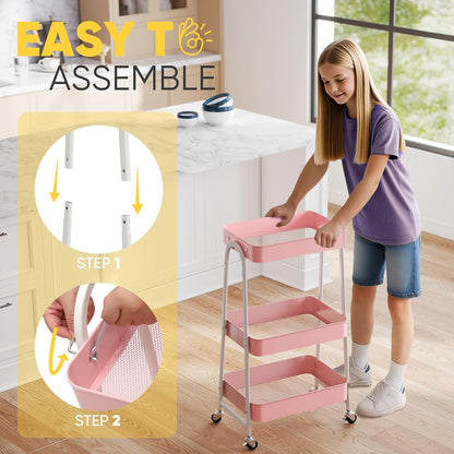 3 Tier Rolling Cart, Hanging Cups, Hooks, Heavy Duty Mesh Rolling Storage Cart Organizer with 2 Lockable Wheels for Bathroom, Kitchen, Office, Craft, Makeup, Baby Essentials, White