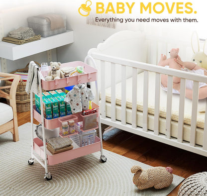 3 Tier Rolling Cart, Hanging Cups, Hooks, Heavy Duty Mesh Rolling Storage Cart Organizer with 2 Lockable Wheels for Bathroom, Kitchen, Office, Craft, Makeup, Baby Essentials, White