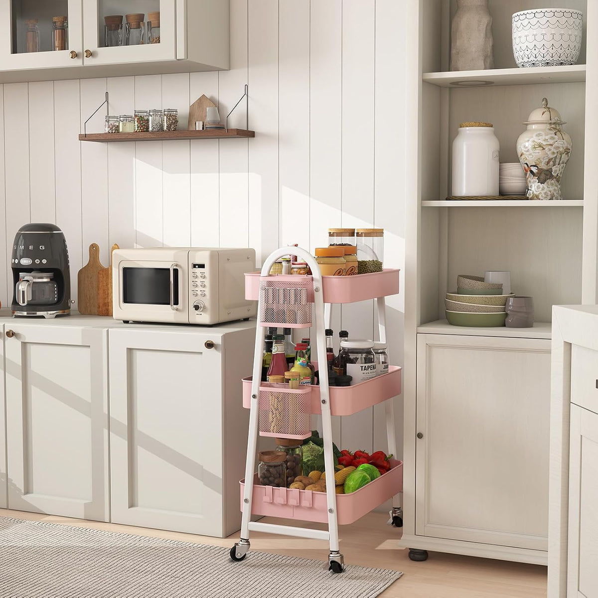 3 Tier Rolling Cart, Hanging Cups, Hooks, Heavy Duty Mesh Rolling Storage Cart Organizer with 2 Lockable Wheels for Bathroom, Kitchen, Office, Craft, Makeup, Baby Essentials, White