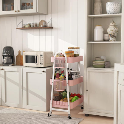3 Tier Rolling Cart, Hanging Cups, Hooks, Heavy Duty Mesh Rolling Storage Cart Organizer with 2 Lockable Wheels for Bathroom, Kitchen, Office, Craft, Makeup, Baby Essentials, White