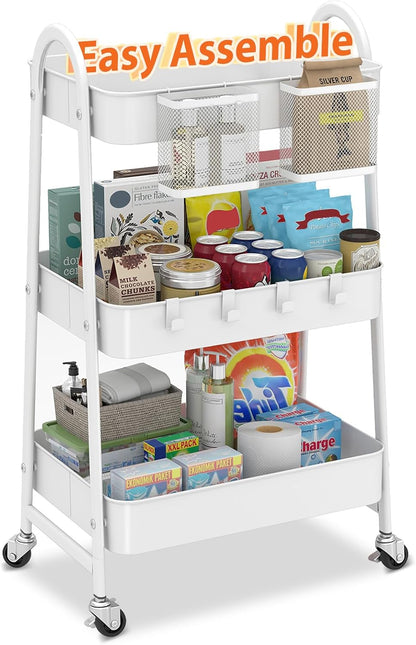 3 Tier Rolling Cart, Hanging Cups, Hooks, Heavy Duty Mesh Rolling Storage Cart Organizer with 2 Lockable Wheels for Bathroom, Kitchen, Office, Craft, Makeup, Baby Essentials, White