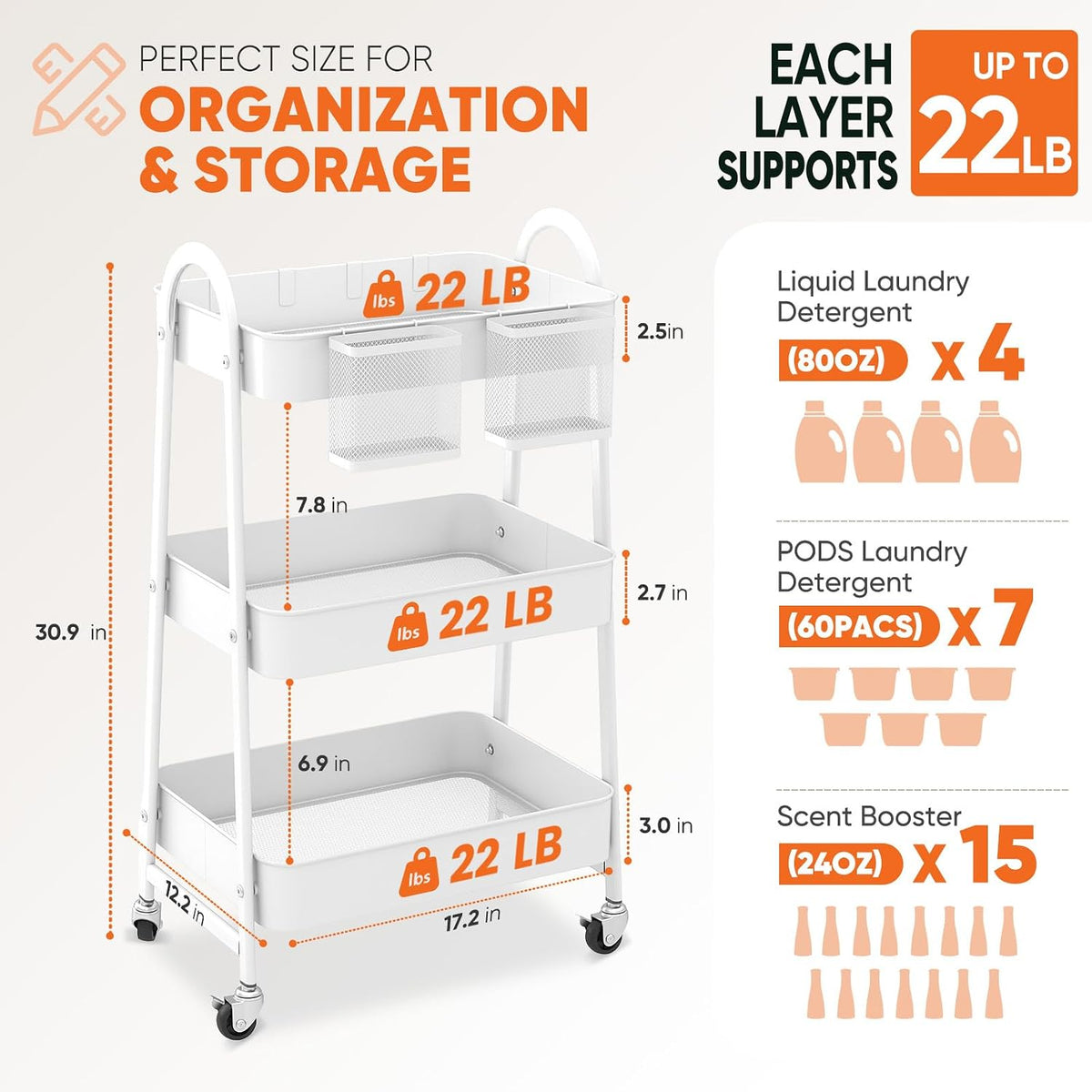 3 Tier Rolling Cart, Hanging Cups, Hooks, Heavy Duty Mesh Rolling Storage Cart Organizer with 2 Lockable Wheels for Bathroom, Kitchen, Office, Craft, Makeup, Baby Essentials, White