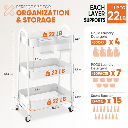 3 Tier Rolling Cart, Hanging Cups, Hooks, Heavy Duty Mesh Rolling Storage Cart Organizer with 2 Lockable Wheels for Bathroom, Kitchen, Office, Craft, Makeup, Baby Essentials, White