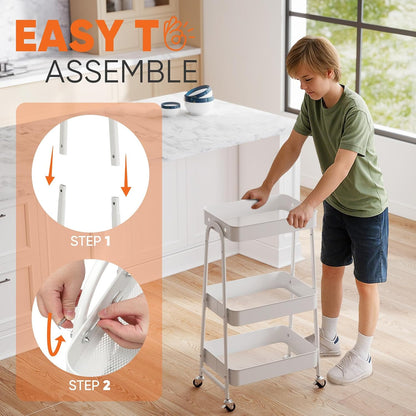 3 Tier Rolling Cart, Hanging Cups, Hooks, Heavy Duty Mesh Rolling Storage Cart Organizer with 2 Lockable Wheels for Bathroom, Kitchen, Office, Craft, Makeup, Baby Essentials, White