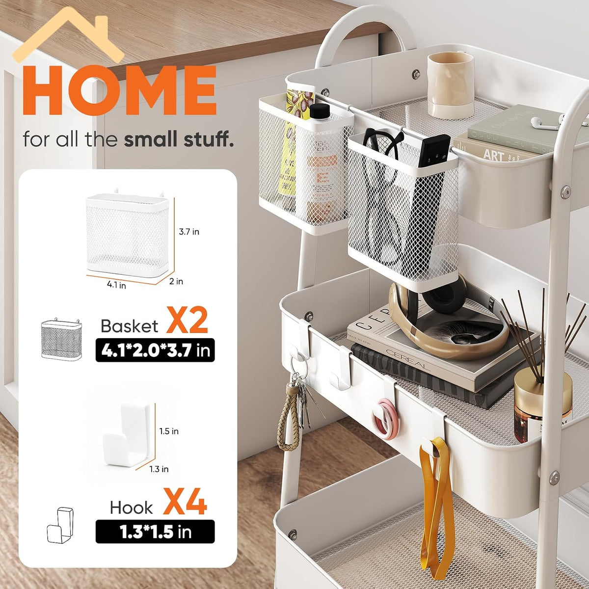 3 Tier Rolling Cart, Hanging Cups, Hooks, Heavy Duty Mesh Rolling Storage Cart Organizer with 2 Lockable Wheels for Bathroom, Kitchen, Office, Craft, Makeup, Baby Essentials, White