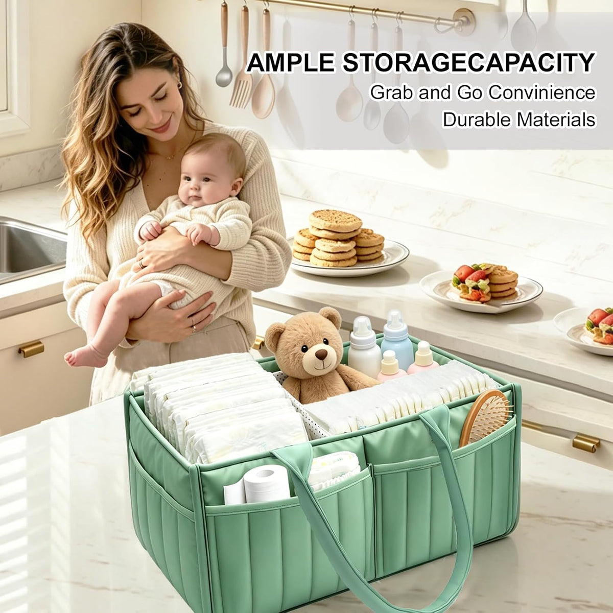 2-Pack Baby Diaper Caddy Organizer,Portable Large Capacity Nursery Storage Basket,Multifunctional Nursery Diaper Holder,Capacity Waterproof Storage Bin for Infant Diapers,Gift for Baby Shower, Green