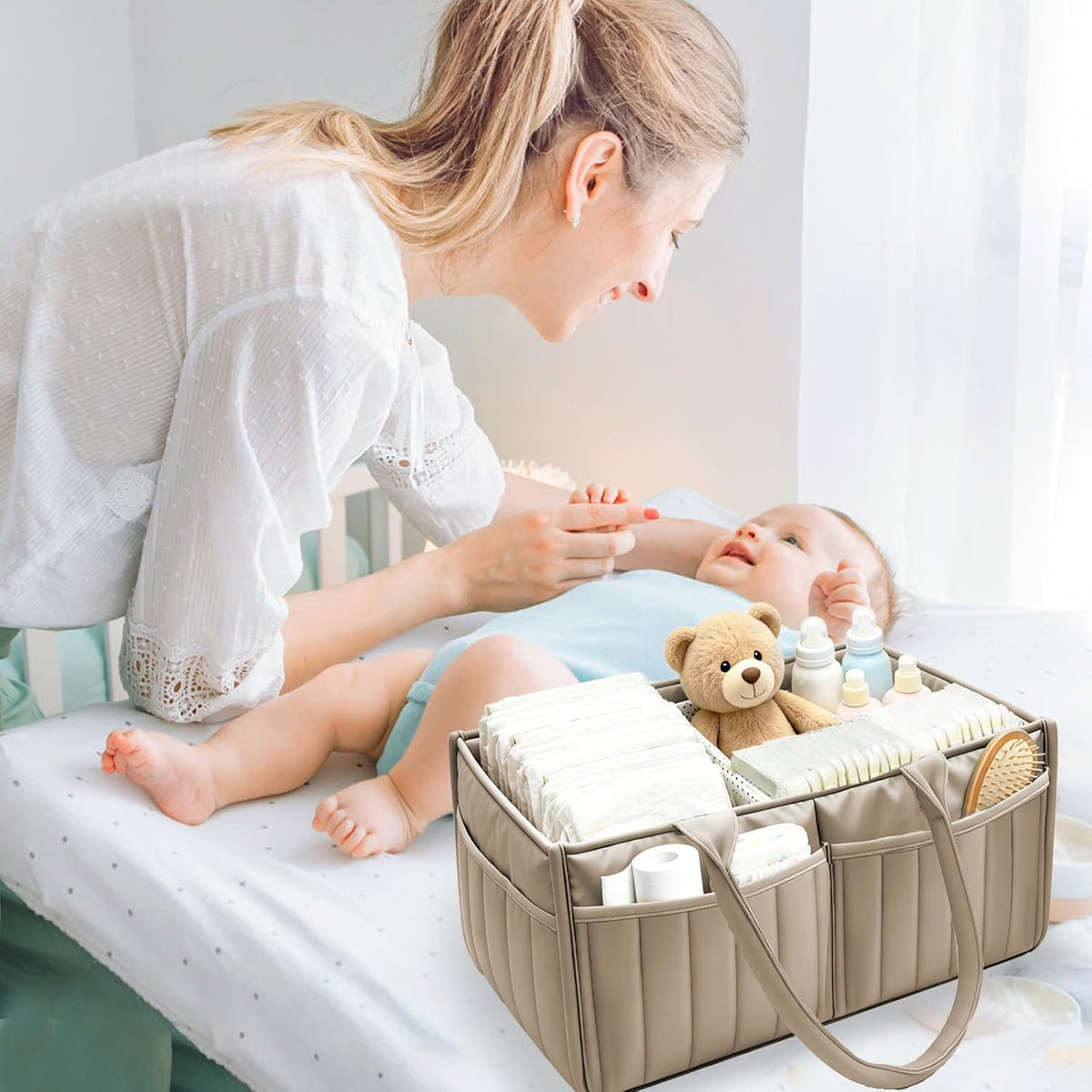 2-Pack Baby Diaper Caddy Organizer,Portable Large Capacity Nursery Storage Basket,Multifunctional Nursery Diaper Holder,Capacity Waterproof Storage Bin for Infant Diapers,Gift for Baby Shower, Green
