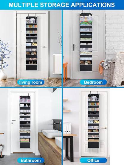 Over the Door Organizer Storage - 5 Tier Hanging Storage shelves Door Organizer with Pockets, Anti Tilt 44 lb Load Behind Door Organizer for Bedroom,Nursery,Bathroom,Kitchen,Dorm,Shoe - 1 Pack, Black