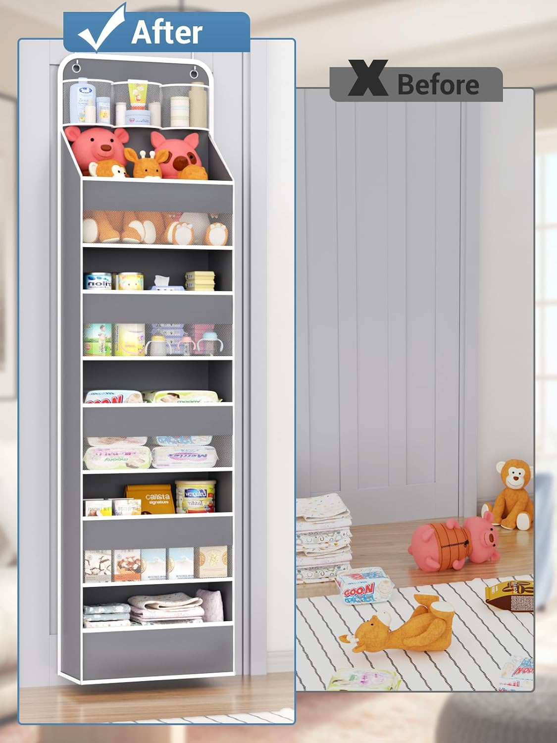 Over the Door Organizer Storage - 5 Tier Hanging Storage shelves Door Organizer with Pockets, Anti Tilt 44 lb Load Behind Door Organizer for Bedroom,Nursery,Bathroom,Kitchen,Dorm,Shoe - 1 Pack, Black