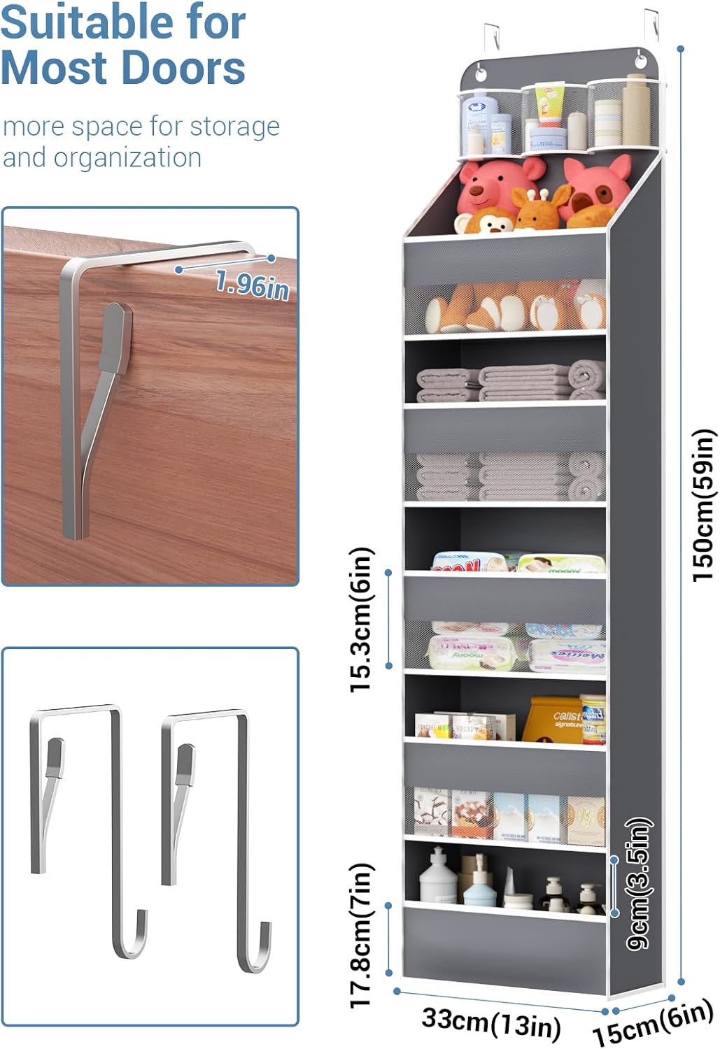 Over the Door Organizer Storage - 5 Tier Hanging Storage shelves Door Organizer with Pockets, Anti Tilt 44 lb Load Behind Door Organizer for Bedroom,Nursery,Bathroom,Kitchen,Dorm,Shoe - 1 Pack, Black