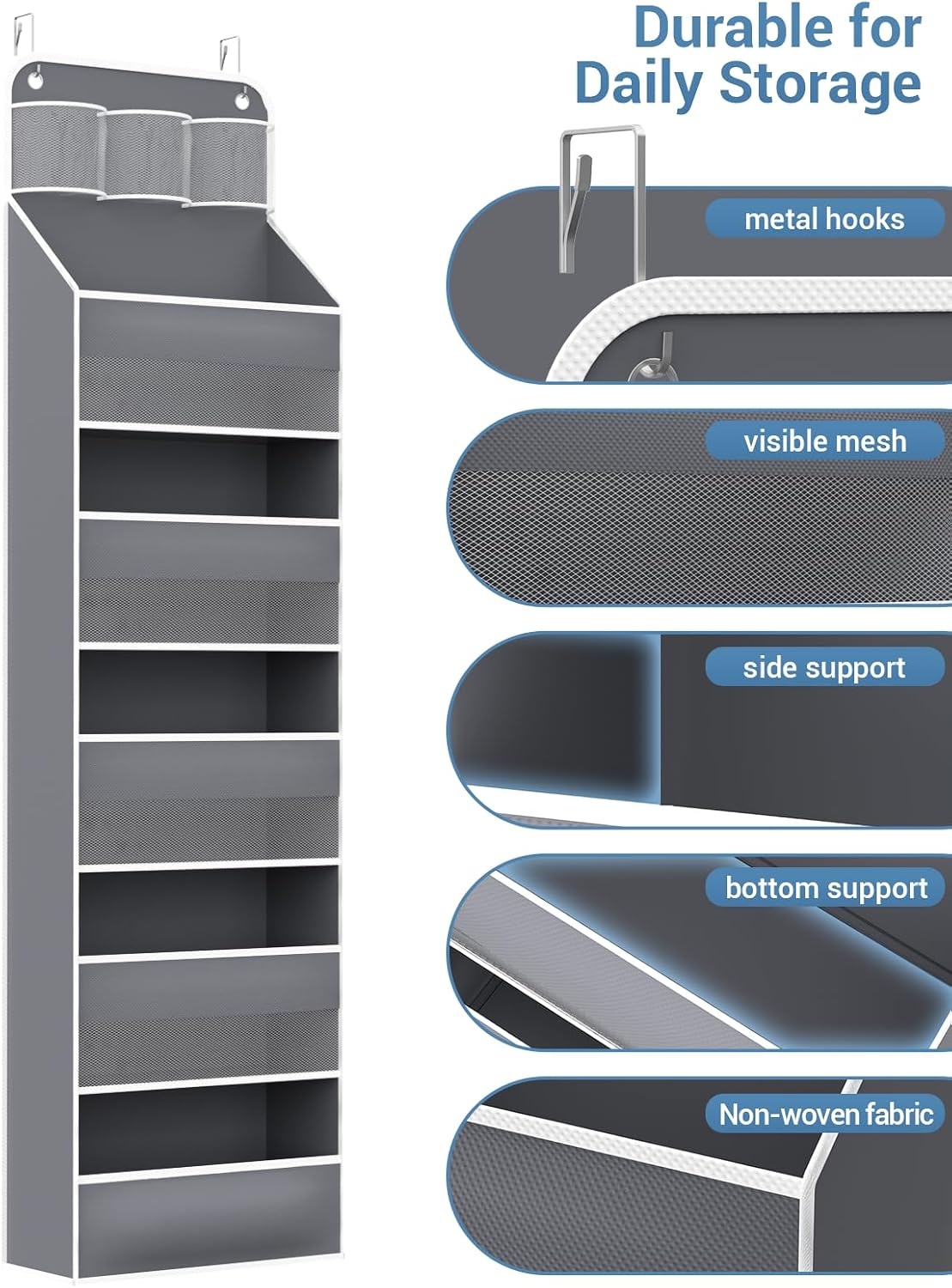 Over the Door Organizer Storage - 5 Tier Hanging Storage shelves Door Organizer with Pockets, Anti Tilt 44 lb Load Behind Door Organizer for Bedroom,Nursery,Bathroom,Kitchen,Dorm,Shoe - 1 Pack, Black