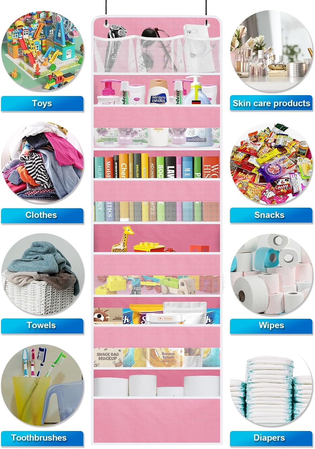 Over the Door Organizer Storage - 5 Tier Hanging Storage shelves Door Organizer with Pockets, Anti Tilt 44 lb Load Behind Door Organizer for Bedroom,Nursery,Bathroom,Kitchen,Dorm,Shoe - 1 Pack, Black