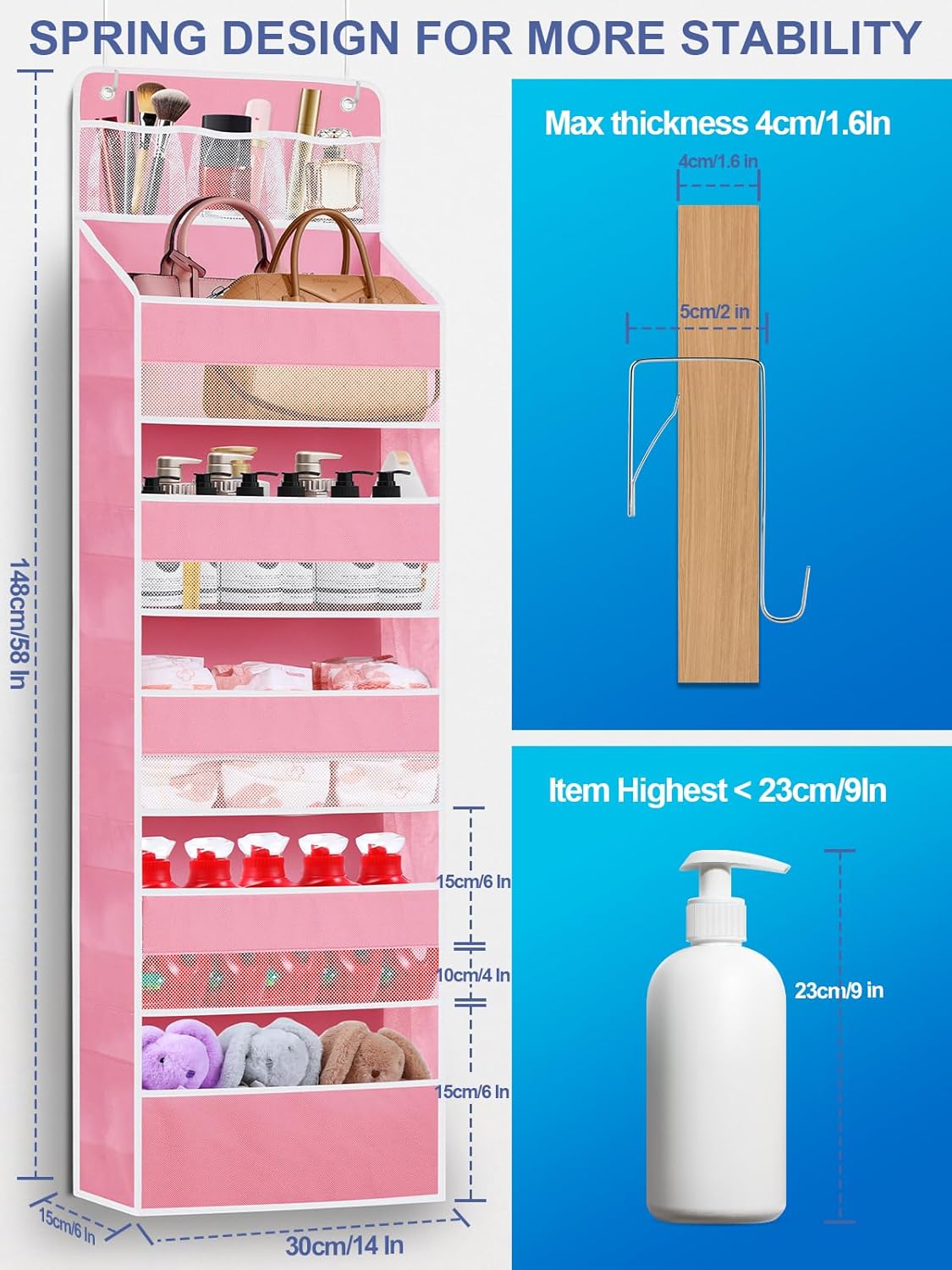 Over the Door Organizer Storage - 5 Tier Hanging Storage shelves Door Organizer with Pockets, Anti Tilt 44 lb Load Behind Door Organizer for Bedroom,Nursery,Bathroom,Kitchen,Dorm,Shoe - 1 Pack, Black