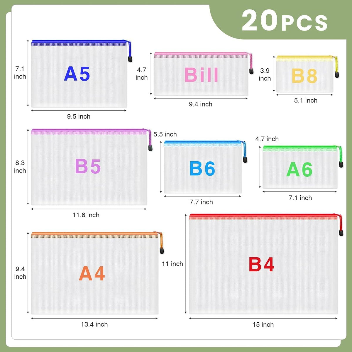 20pcs Mesh Zipper Pouch Bags,8 Sizes 8 Colors Plastic Pencil Pouch