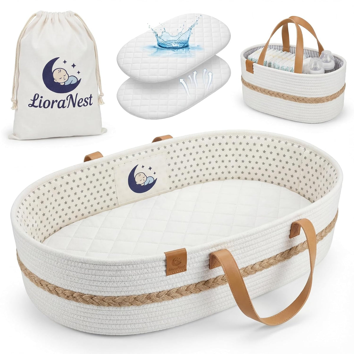 Baby Changing Basket for Dresser with Waterproof Changing Pad, Organic Cotton Rope Diaper Changing Basket Set with Diaper Caddy, Moses Basket Style Nursery Changing Basket for Changing Table