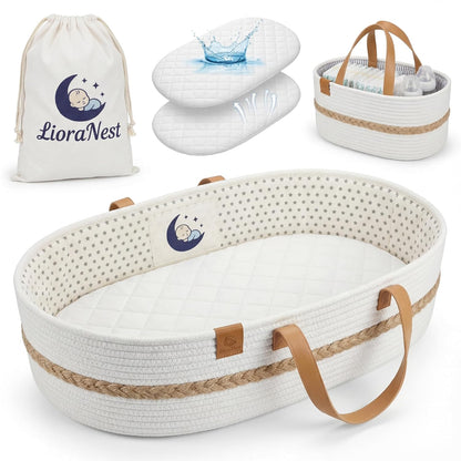 Baby Changing Basket for Dresser with Waterproof Changing Pad, Organic Cotton Rope Diaper Changing Basket Set with Diaper Caddy, Moses Basket Style Nursery Changing Basket for Changing Table