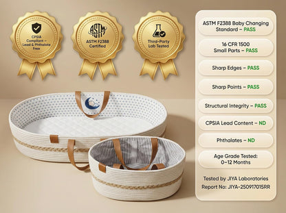 Baby Changing Basket for Dresser with Waterproof Changing Pad, Organic Cotton Rope Diaper Changing Basket Set with Diaper Caddy, Moses Basket Style Nursery Changing Basket for Changing Table