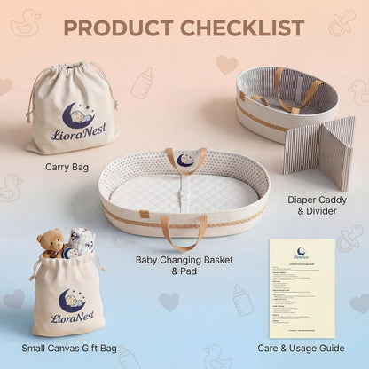 Baby Changing Basket for Dresser with Waterproof Changing Pad, Organic Cotton Rope Diaper Changing Basket Set with Diaper Caddy, Moses Basket Style Nursery Changing Basket for Changing Table